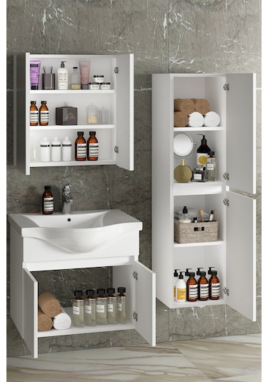 Yıldız 65+35 Cm Beyaz Mdf Lavabolu Asma Banyo Dolabı Takımı Beyaz