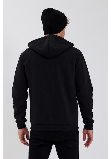 Polostate Erkek Fermuarlı Kanguru Cep 3 İplik Sweatshirt Siyah