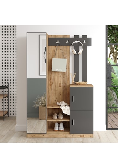 Robinhome Robin Home Liva Aynalı Vestiyer Portmanto Ayakkabılık Çam-Gri