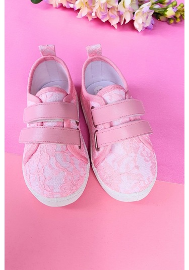 Çift Cırtlı Dantelli Keten Spor Çocuk Ayakkabısı-pembe-f-4005 Pembe