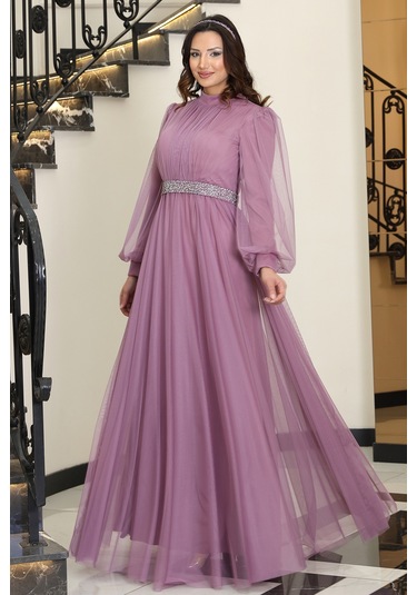 Alia Şık Taş Detaylı Büyük Beden Tesettür Abiye - Alya Lavanta