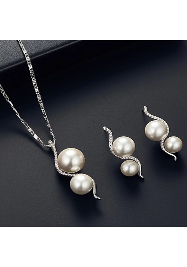Zirkon Taşlı 2 Sıra Beyaz İnci Gümüş Takı Seti, Ahşap Kutu İçerisinde Gümüş