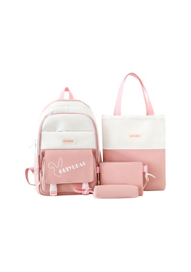 İlkokul Ve Ortaokul Öğrencileri İçin Dört Parçalı Büyük Kapasiteli Okul Çantası Seti - Pembe