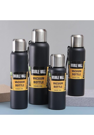 Novahub Siyah Erkek Büyük Kapasiteli Termos Bardak Paslanmaz Çelik Vakum Çay Bardağı Kurşun Kafalı Ve Taşıma Halatlı 1 L Siyah