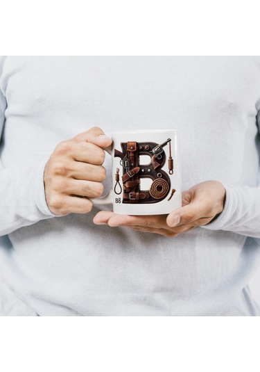 B Harfi Kovboy Temalı Bardak 330 Ml İsim / Harf Kişiye Özel Hediye - Vahşi Batı Konsept Beyaz