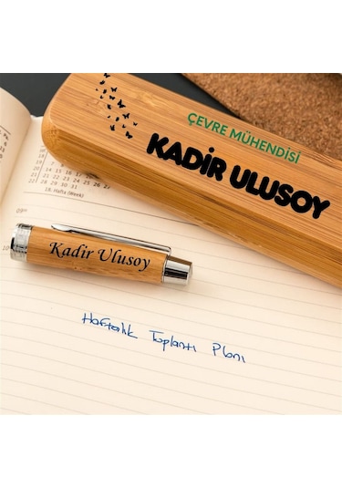 Çevre Mühendisine Hediye İsme Özel Bambu Ahşap Roller Kalem Seti - Çevre Mühendisliği Meslek Hediyesi Mavi