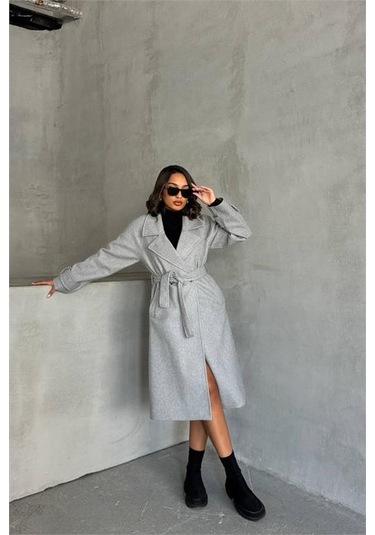 Neşeli Butik Kadın Astarlı Gri Melanj İthal Kaşe Kaban Nbg048 Gri Melanj