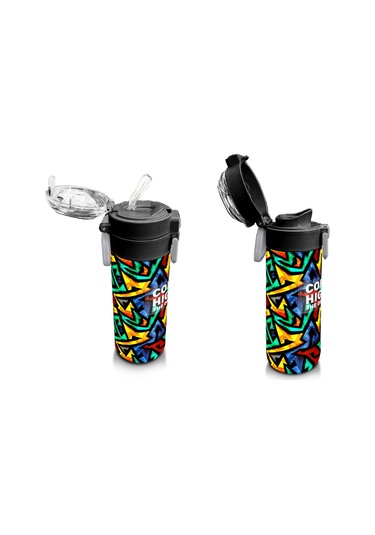 Coral High 500 Ml Paslanmaz Çelik Okul Termosu/suluk/matara - Erkek Çocuk - Siyah Grafiti Desenli - Sızdırma Yapmaz Çok Renkli