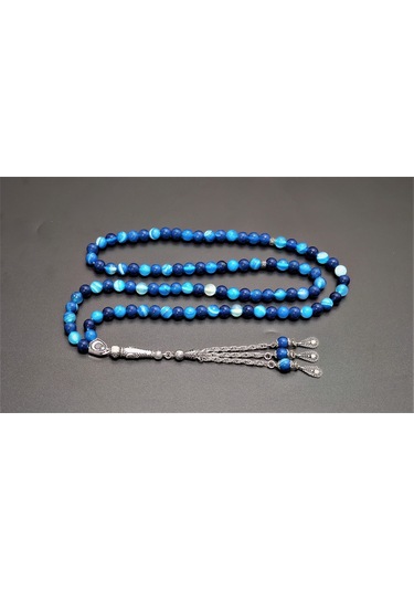 99Lu Namaz Tesbihi - Mavi Akik Doğaltaş Tesbih - 8 MM Küre Kesim