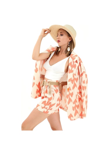 Kemerli Desenli Oversize Blazer Ceket - Turuncu-turuncu Turuncu