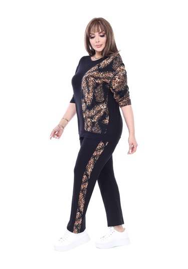 Melsay Butik Siyah Truvakar Kol Yarım Başak Garnili Viskon Büyük Beden Takım Siyah