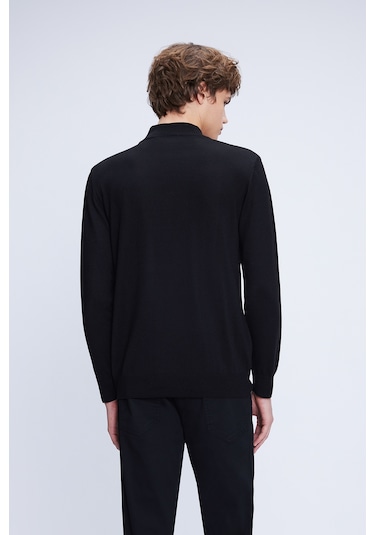 Siyah Regular Fit Düz Yarım Balıkçı Yaka Yünlü Triko Kazak Siyah