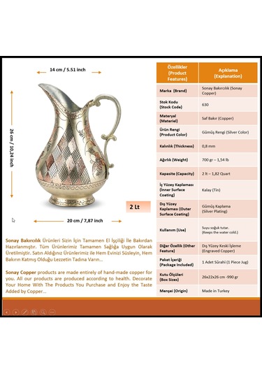 Gül Çiçek Gümüşlü İşlemeli Bakır Sürahi