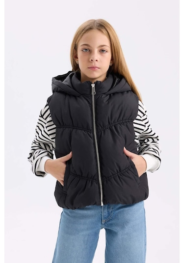 DeFacto Kız Çocuk Su İtici Kapüşonlu Fermuarlı Şişme Yelek D6918A825SPBK27