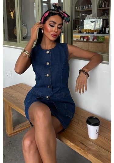 Kolsuz Yelekli Mini Etekli Denim Takım 10164 Deni M