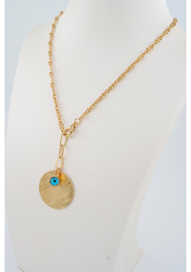 Kadın Özel Tasarım Nazar Boncuklu ve Yuvarlak Plakalı Kolye - ALTIN Gold