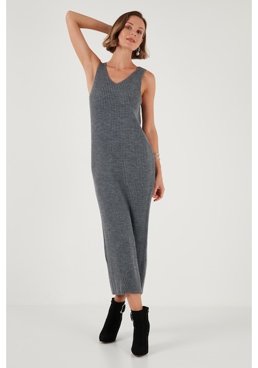 Lela V Yaka Fitilli Uzun Triko Bayan Elbise 4616169 Koyu Gri