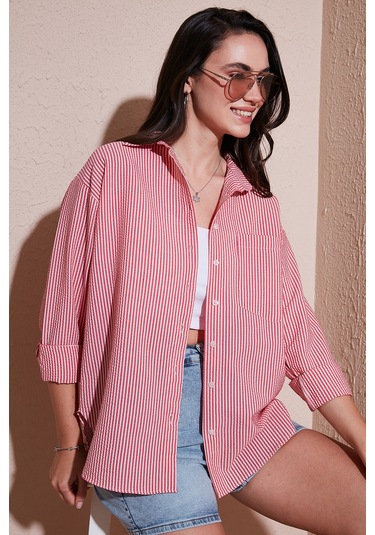 Lela Regular Fit Uzun Kollu Cepli Çizgili Bayan Gömlek 6772895 Kırmızı