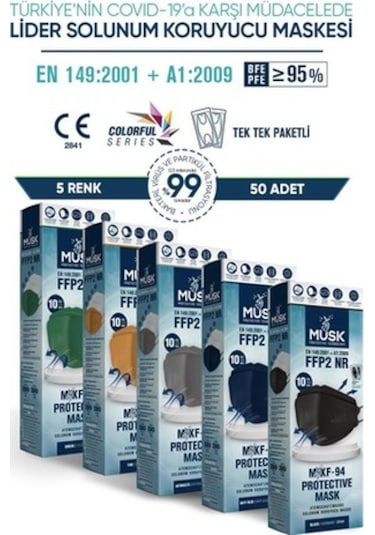 Musk Kf94 Kore Tipi N95 Maske 5 Renk 50 Adet (Lila, Sarı, Turkuaz