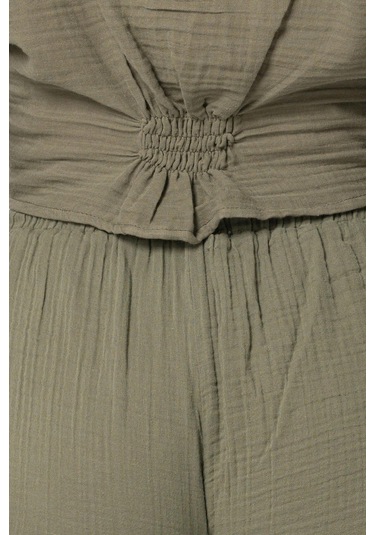 Uzun Kol Günışığı Büzgü Detaylı Yazlık Müslin Bluz Haki Hk-haki Haki