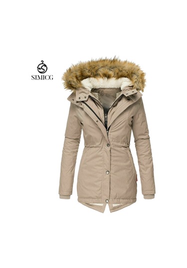 Kış Sıcak Kürk Yaka Kadın Fermuarlı Uzun Kollu Slim Fit Pamuklu Ceket Kapüşonlu Mont Kahverengi