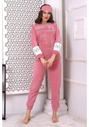 Fawn 3012 Peluş Welsoft Polar Kışlık Pudra Kadın Pijama Takımı Pudra