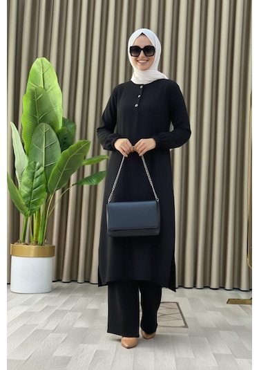 Tesettür İkili Takım Uzun Tunik Bol Paça Pantolon 4006-siyah Siyah Tesettür İkili Takım Uzun Tunik Bol Paça Pantolon 4006-siyah Siyah