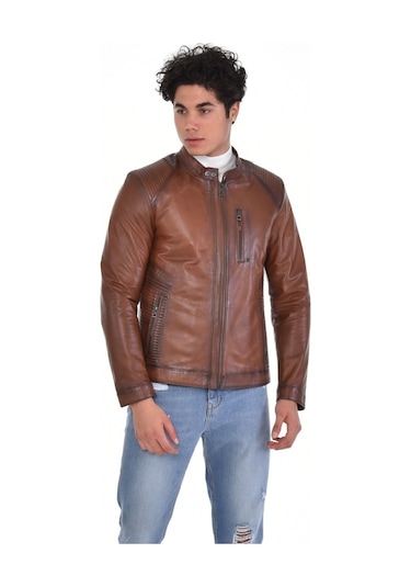 Hakiki Deri Kahverengi Oscar Hakim Yaka Erkek Deri Ceket Kahverengi