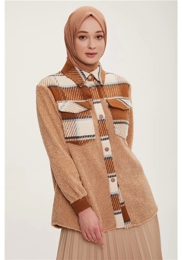 Armine Ekose Garnili Peluş Ceket 22k5005 Gri Camel