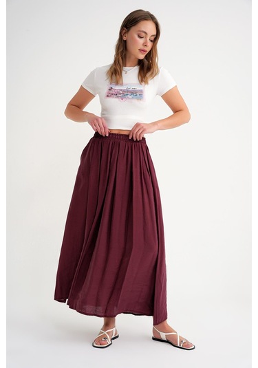 4612 Kadın Yandan Cepli Pileli Bol Etek Bordo Bordo