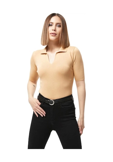 Defymoda Gömlek Yaka Yazlık Triko Bluz Bej