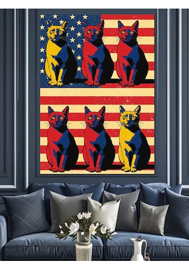 Renkli Kedi Pop Art Dekoratif Kanvas - Mdf Ahşap Tablo