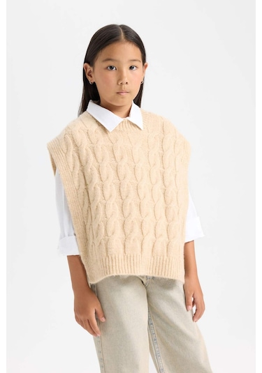 DeFacto 	Kız Çocuk Bisiklet Yaka Saç Örgüsü Desenli Triko Süveter C9659A824WNBG588 Bej