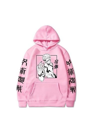 Japon Anime Komik Sukuna Baskılı Grafik Kapşonlular Kış Polar Spor Gömlek Japon Tarzı Jujutsu Kaisen Sweatshirtler Harajuku Sokak Giyimi Kadınlar İçin Pembe