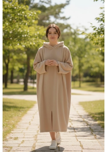 Serona Wellsoft Peluş Kapüşonlu Uzun Panço Yumuşak Dokulu Giyilebilir Tv Battaniyesi Bej S/m Bej