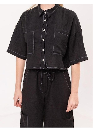 Kız Çocuk Gömlek Ceketli Bol Paça Pantolonlu Takım-13850 Siyah