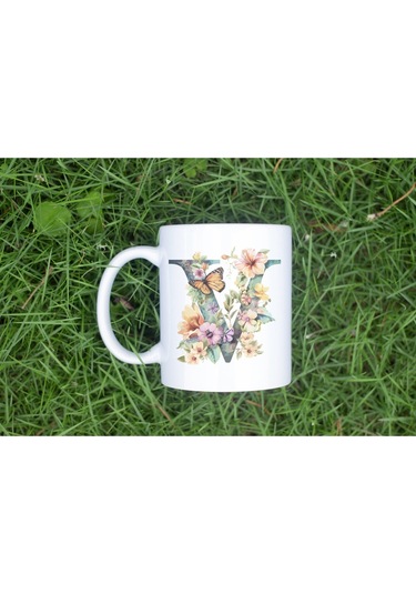V Harfi Çiçekli Kupa Bardak - Soft Renk Çiçek Ve Kelebek Desenli Zarif Kahve Kupası - Bohem Beyaz