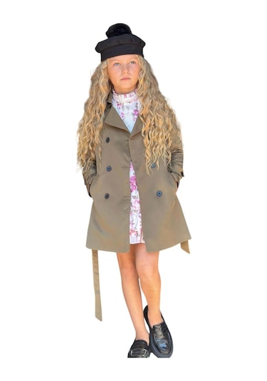 Riccotarz Kız Çocuk Üzeri Dantel İşlemeli Elbise Çift Cep Detaylı Kemerli Yeşil Trençkot Yeşil