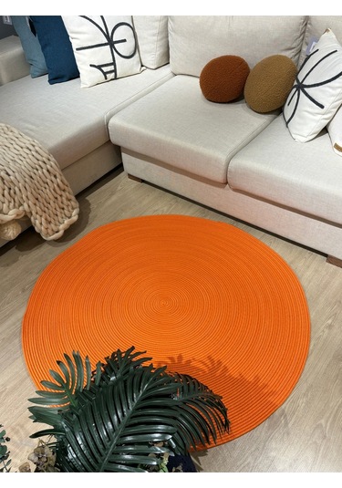 Turuncu Jüt Yuvarlak Hasır Görünümlü Klasik Halı Kilim Turuncu