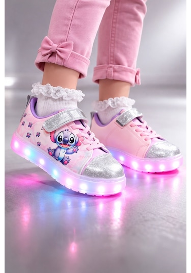 Kız Çocuk Desenli Işıklı Led Tabanlı Simli Cırt Cırtlı Sneaker Mavi