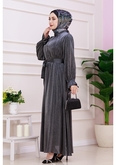 Kolu Volanlı Simli Alya Abiye-antrasit-4874