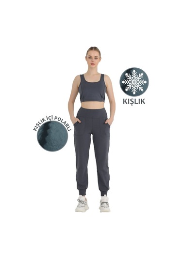 Kadın Antrasit Polarlı Kışlık Eşofman Altı Jogger Yüksek Bel Şardonlu Dalgıç 1062 Antrasit