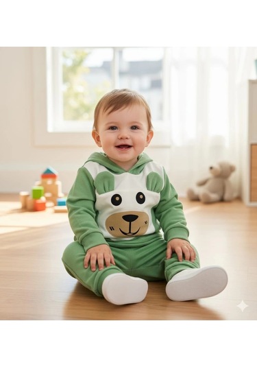 Erkek Çocuk Kapşonlu Ve Kulaklı Alt Üst İkili Gündelik Takım Yeşil