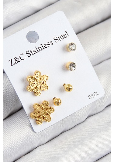 316l Çelik Zirkon Taşlı Kar Tanesi Model Gold Renk Kadın Set Küpe Çok Renkli