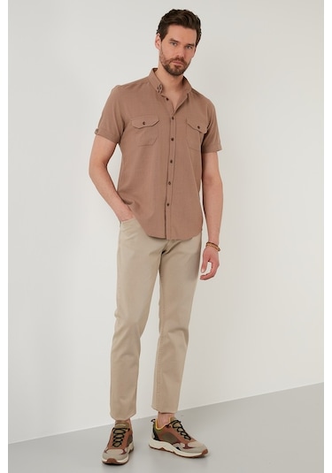 Buratti Düğmeli Yaka Pamuklu Slim Fit Cepli Erkek Gömlek Cf21S111153 Toprak