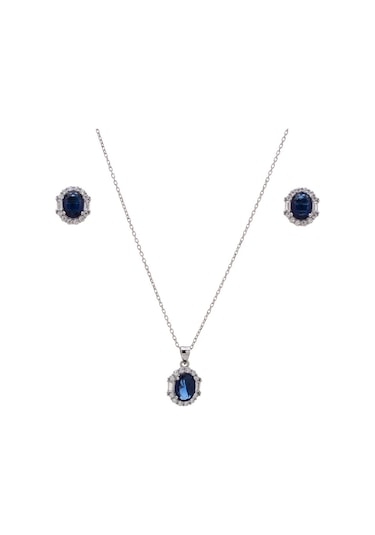 5-8 Mm Lacivert Oval Zirkon Taşlı 925 Ayar Gümüş Kadın 2'li Set Gümüş