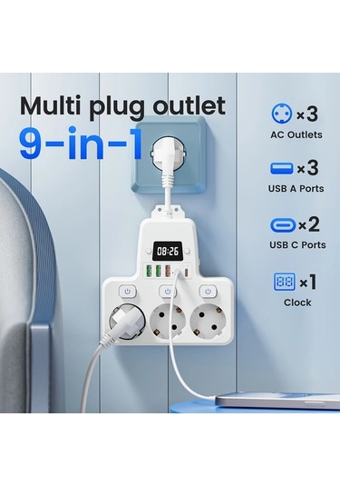 Xuweiwei 9lu 1 Arada Dijital Saatli Ayarlanabilir Zamanli Ab Guc Panosu Beyaz 3 Ac Priz 3 Usb 2 Tip C Portu Asiri Yuk Korumali Ev Ofis Seyahat Icin