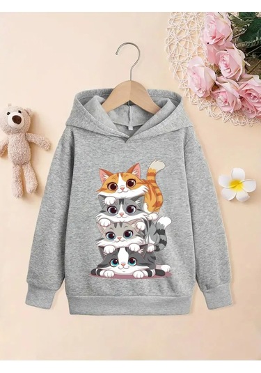 Kışlık Kapüşonlu Sweatshirt, Çocuk Kediciklerbaskılı Gri