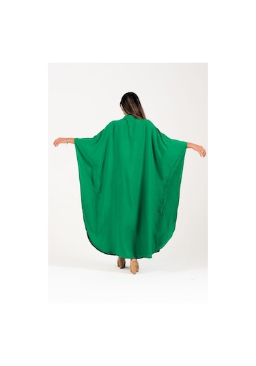 Kadın Yeşil Sıfır Yaka Desen Garnili Nakışlı Cepli Oversize Uzun Elbise - Yesıl