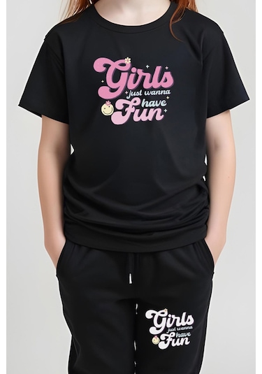 Fyk Kids Kız Çocuk Yuvarlak Yaka Baskılı Girls Fun Alt-üst Pijama Takımı Siyah